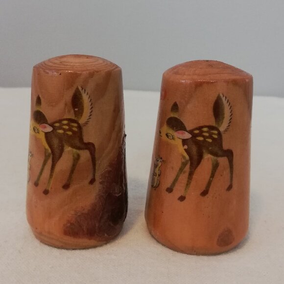Vintage Rustic Wood Salt & Pepper Shakers Deer & Mouse 3" - Picture 5 of 8